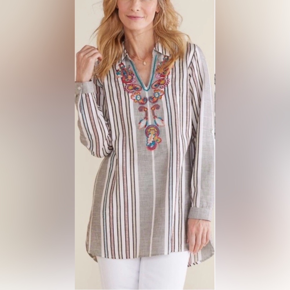 Soft Surroundings cotton striped embroidered tunic, PS